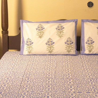 TULA Sky Blue Hand Block Printed Cotton King Size Bedsheet Set