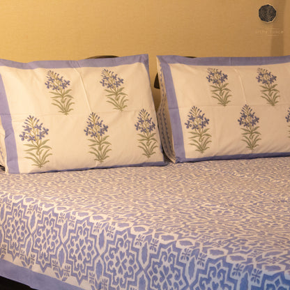 TULA Sky Blue Hand Block Printed Cotton King Size Bedsheet Set