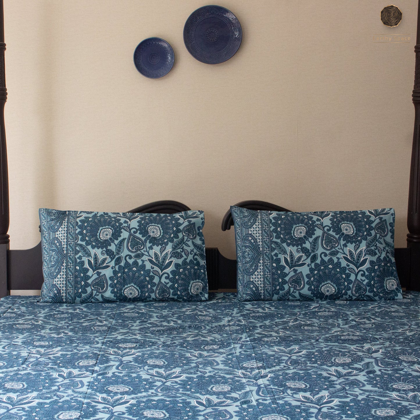 Navy Blue Flora Pure Cotton Super King Bedsheet by Heritagewear