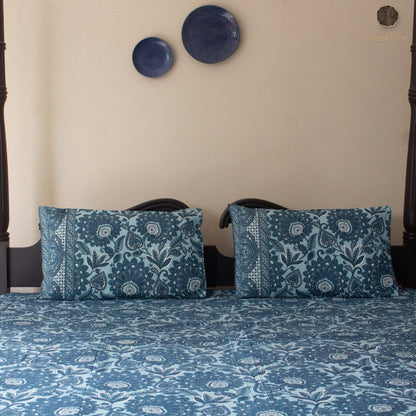Navy Blue Flora Pure Cotton Super King Bedsheet by Heritagewear