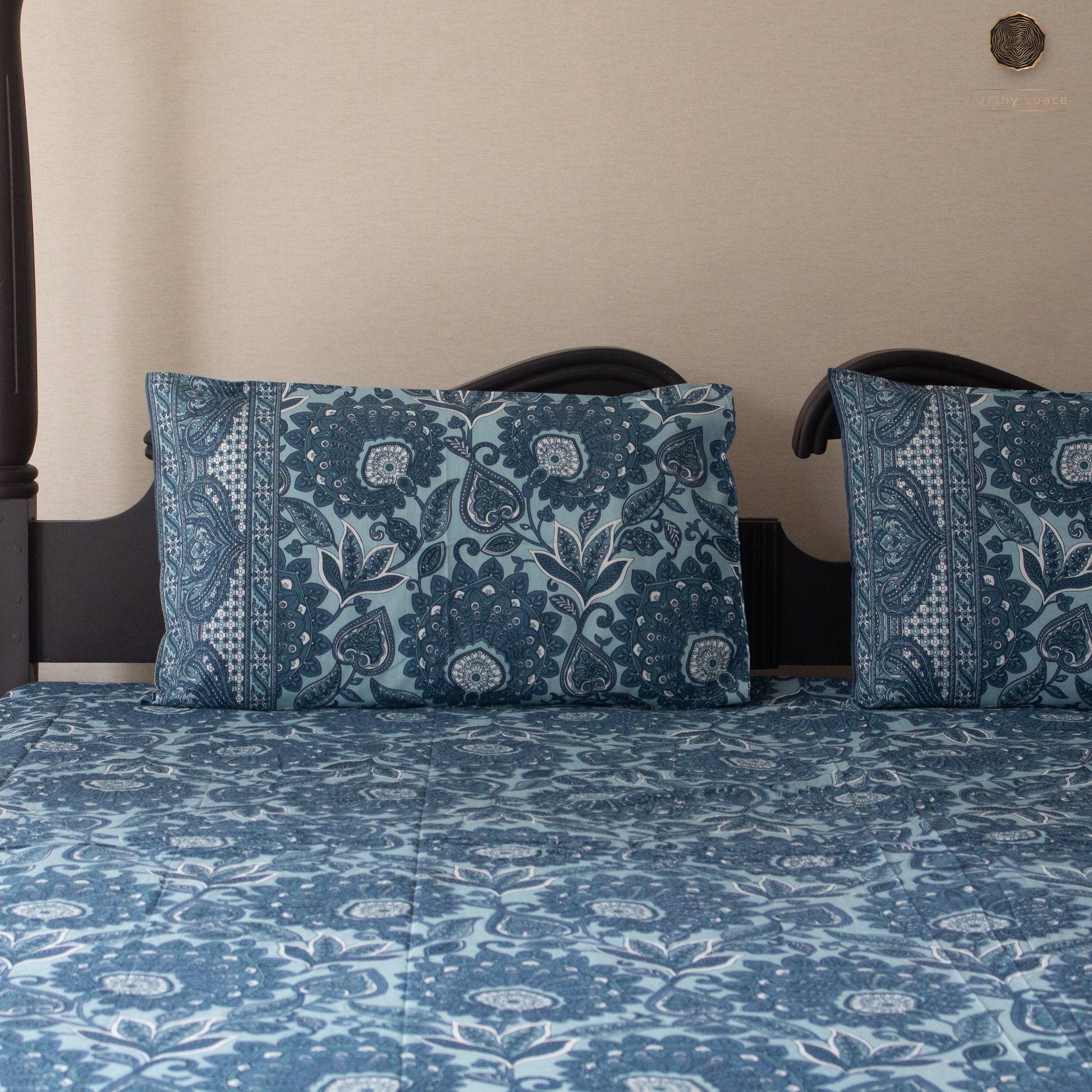 Navy Blue Flora pure cotton Super King bedsheet set by Heritagewear