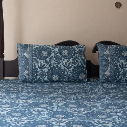 Navy Blue Flora pure cotton Super King bedsheet set by Heritagewear