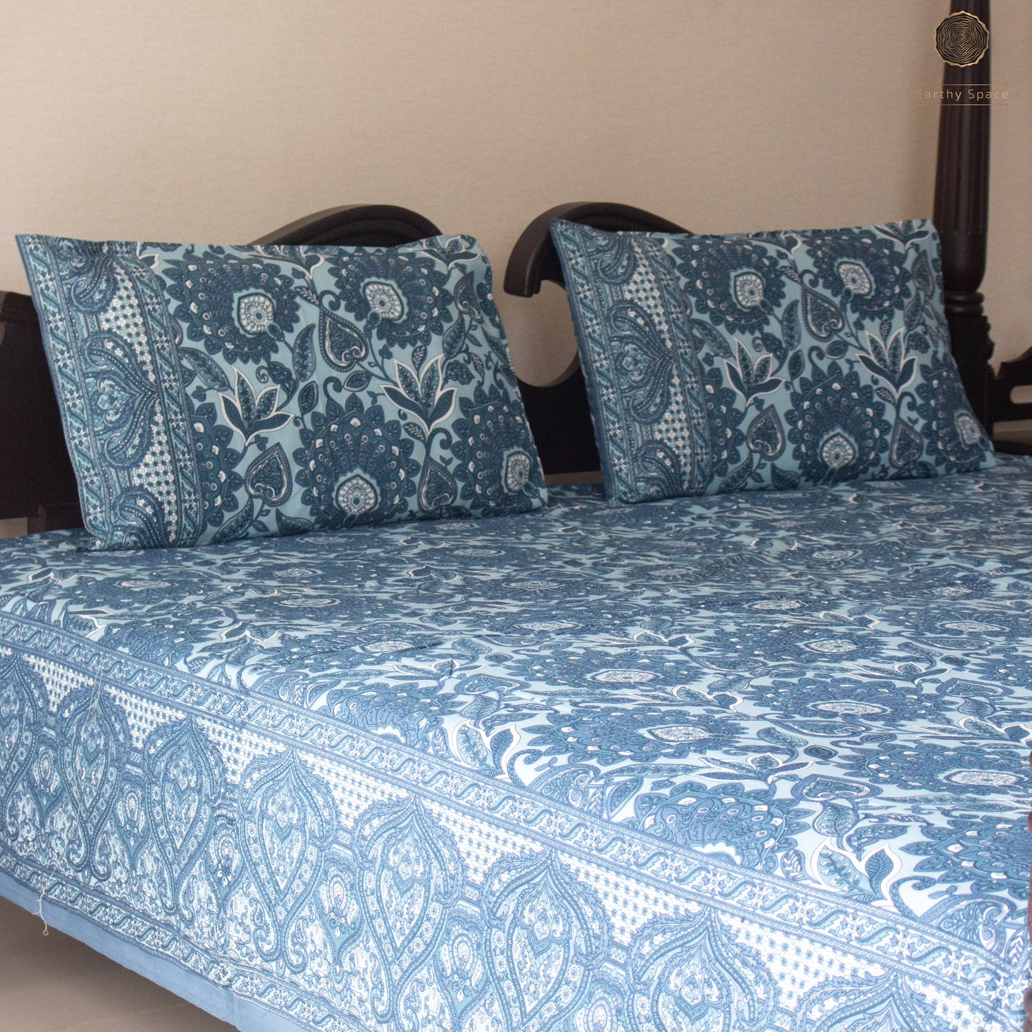 Navy Blue Flora Pure Cotton Super King Bedsheet by Heritagewear