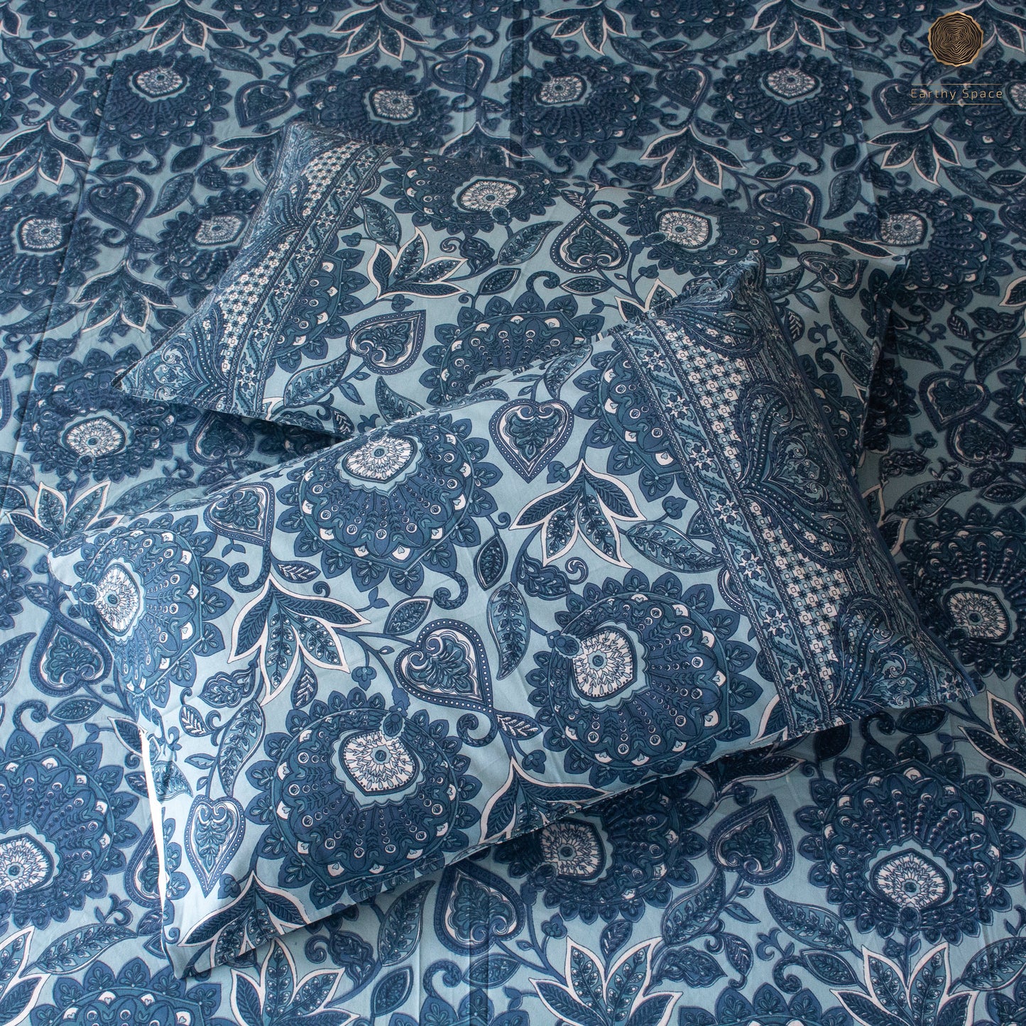 Navy Blue Flora Pure Cotton Super King Bedsheet by Heritagewear