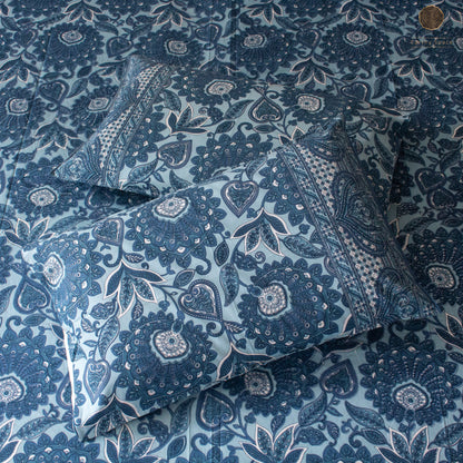 Navy Blue Flora Pure Cotton Super King Bedsheet by Heritagewear