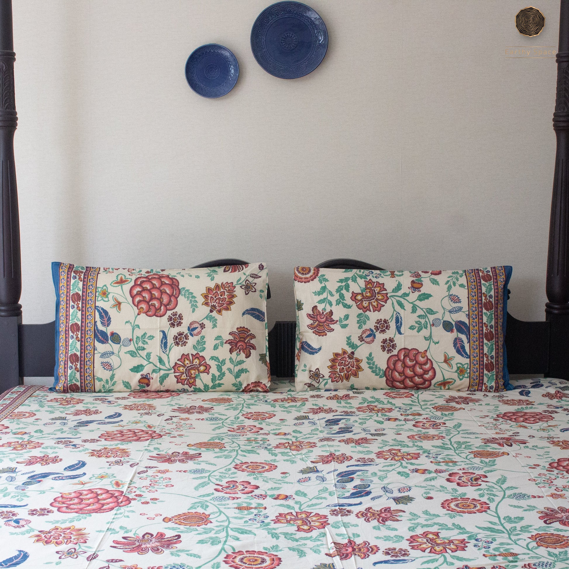 Beige Flora pure cotton Super King bedsheet set by Heritagewear