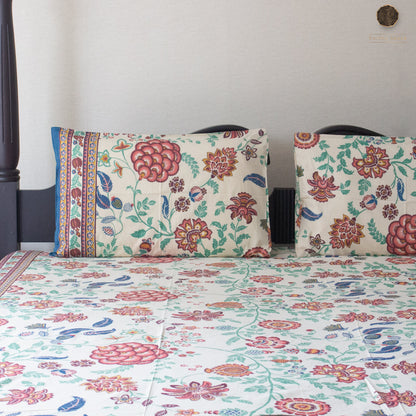 Beige Flora Pure Cotton Super King Bedsheet by Heritagewear
