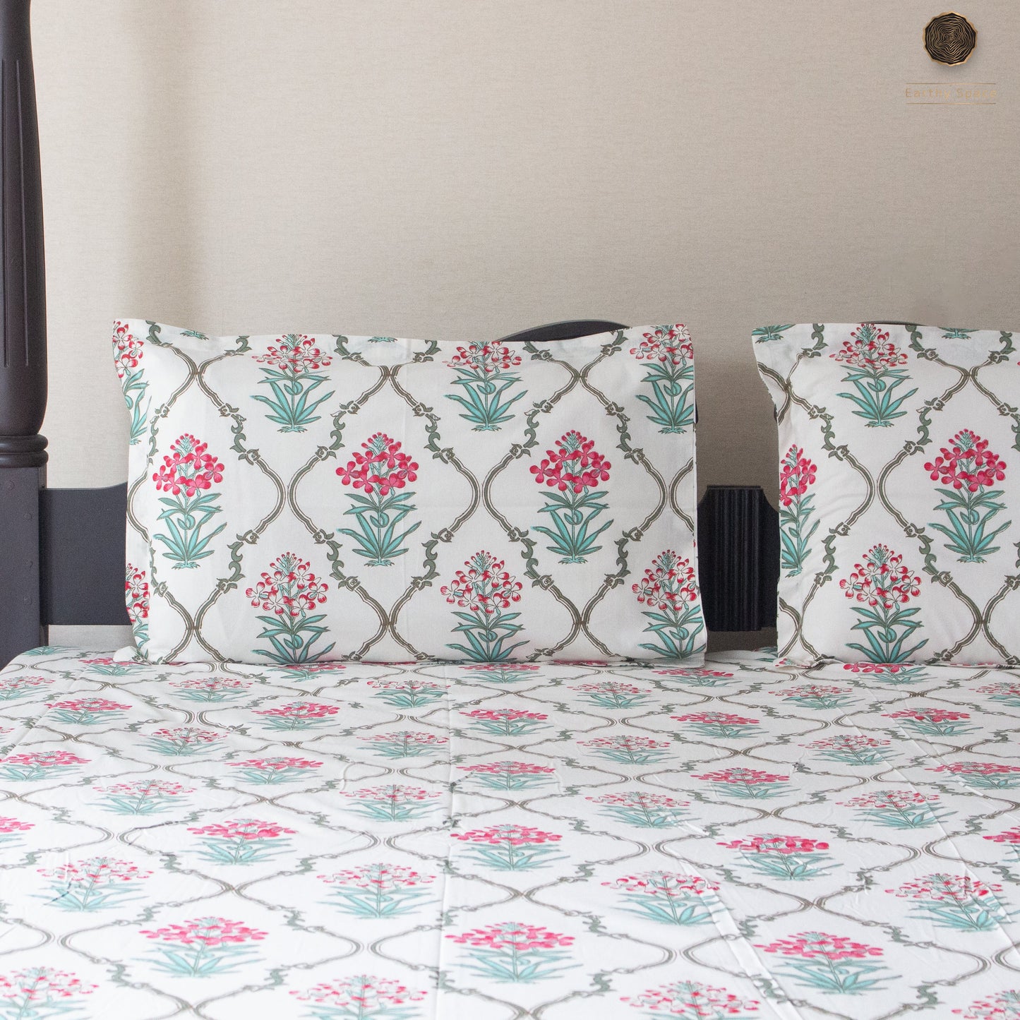 Evergreen Jaal Bloom pure cotton Super King bedsheet set by Heritagewear