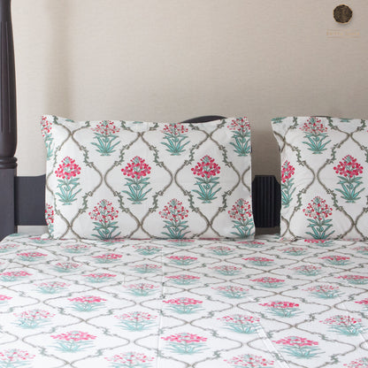Evergreen Jaal Bloom pure cotton Super King bedsheet set by Heritagewear