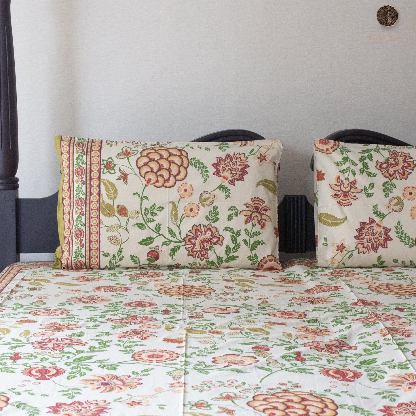 Mustard Yellow Flora pure cotton Super King bedsheet set by Heritagewear