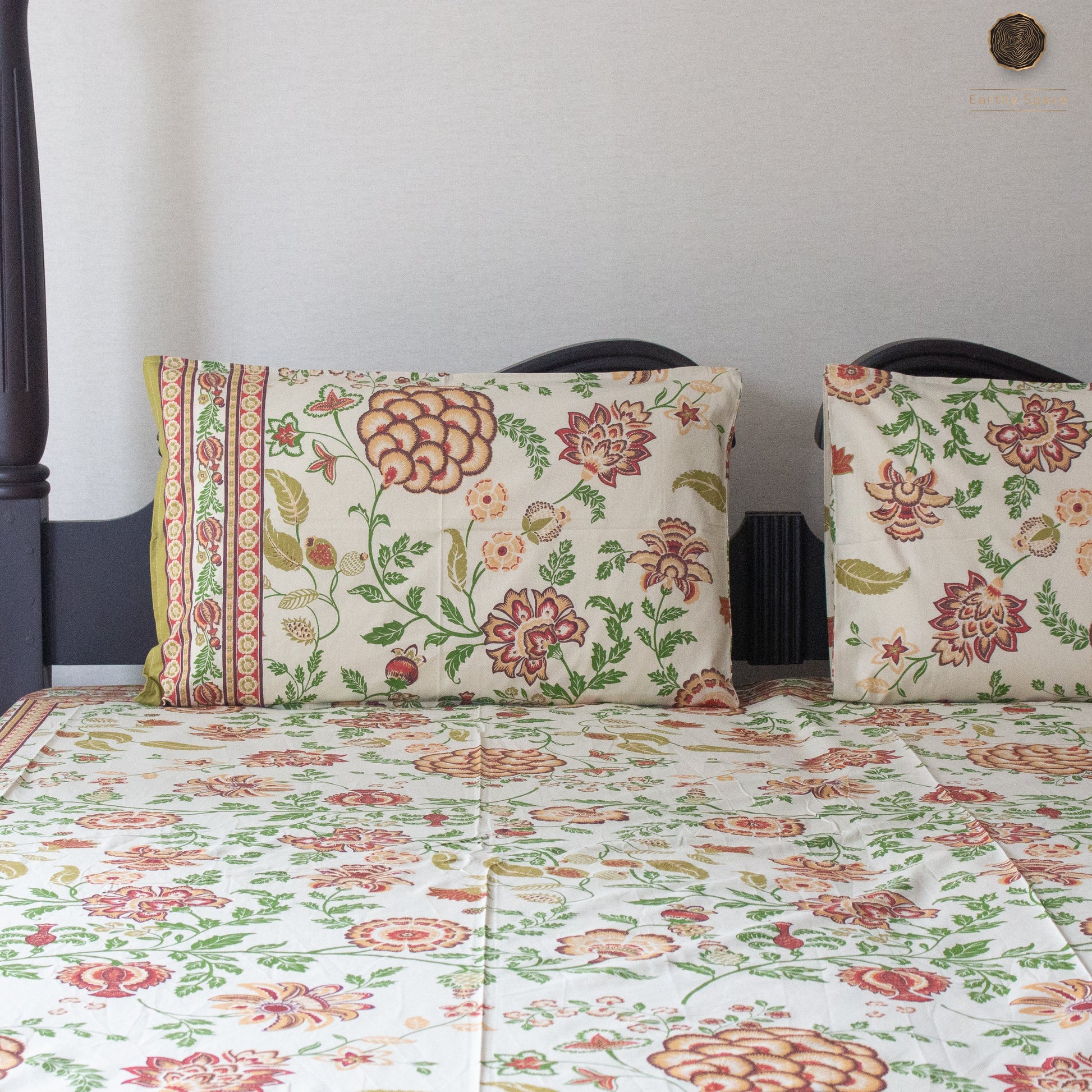 Mustard Yellow Flora pure cotton Super King bedsheet set by Heritagewear