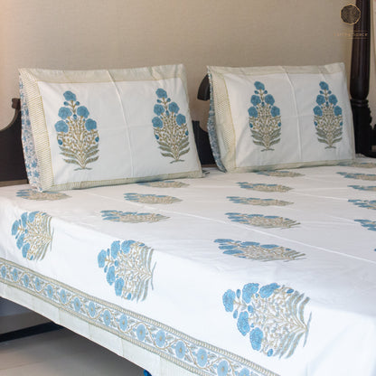 BlueBell Hand Block Printed Cotton King Size Bedsheet Set