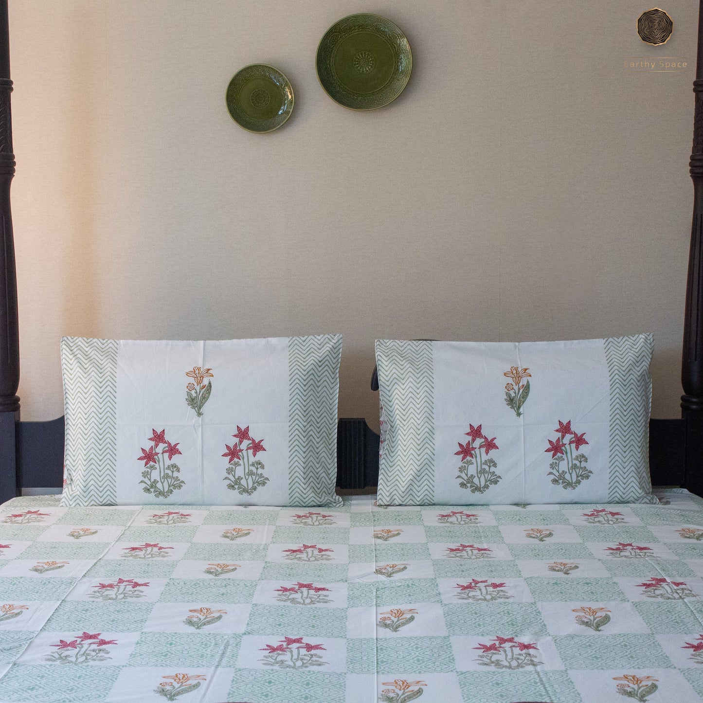 Eden Gardenia Hand Block Printed Cotton King Size Bedsheet Set