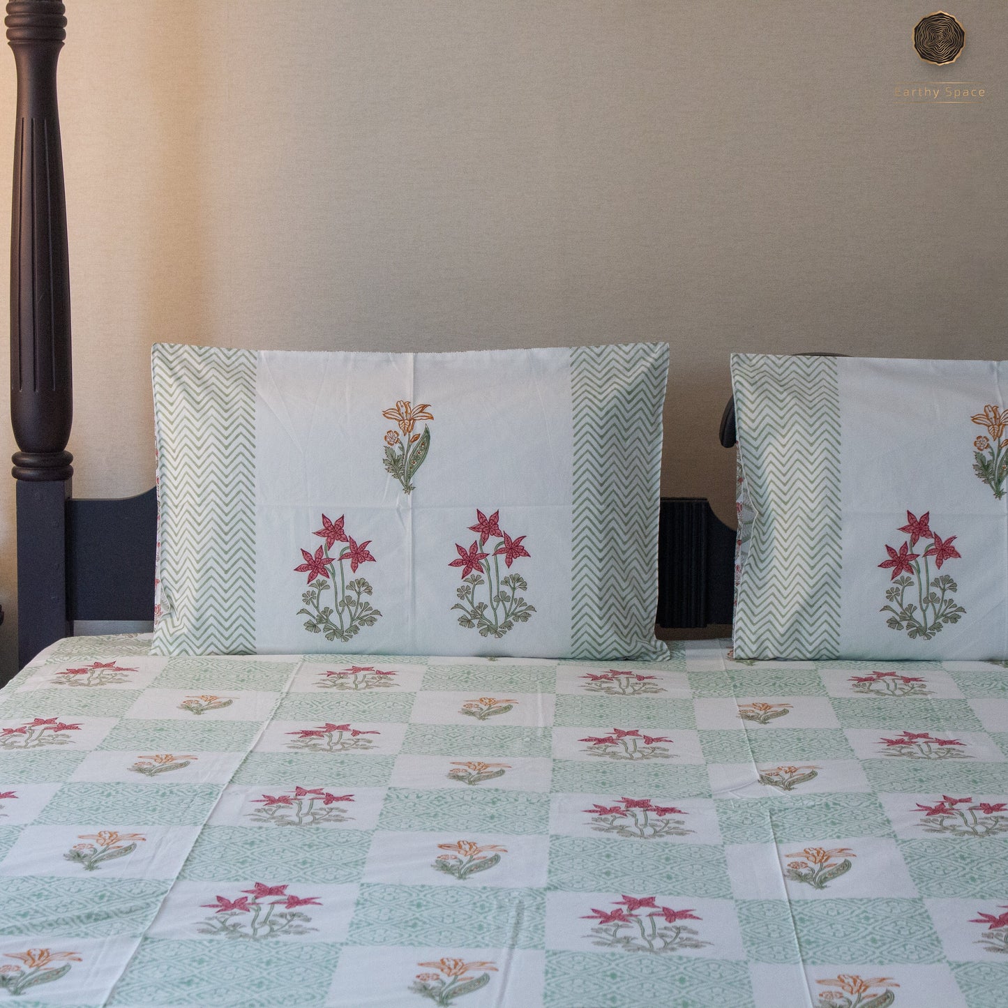 Eden Gardenia Hand Block Printed Cotton King Size Bedsheet Set