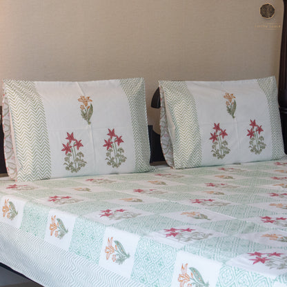 Eden Gardenia Hand Block Printed Cotton King Size Bedsheet Set