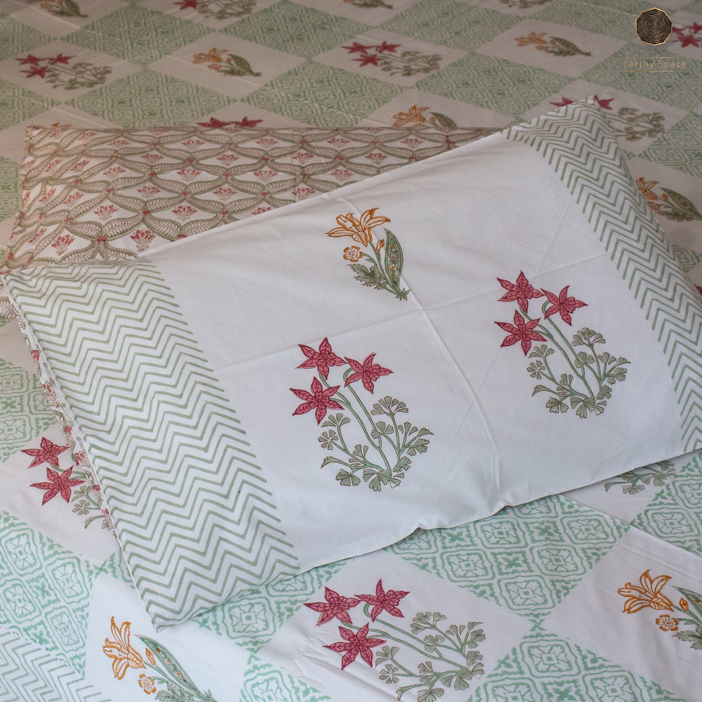 Eden Gardenia Hand Block Printed Cotton King Size Bedsheet Set