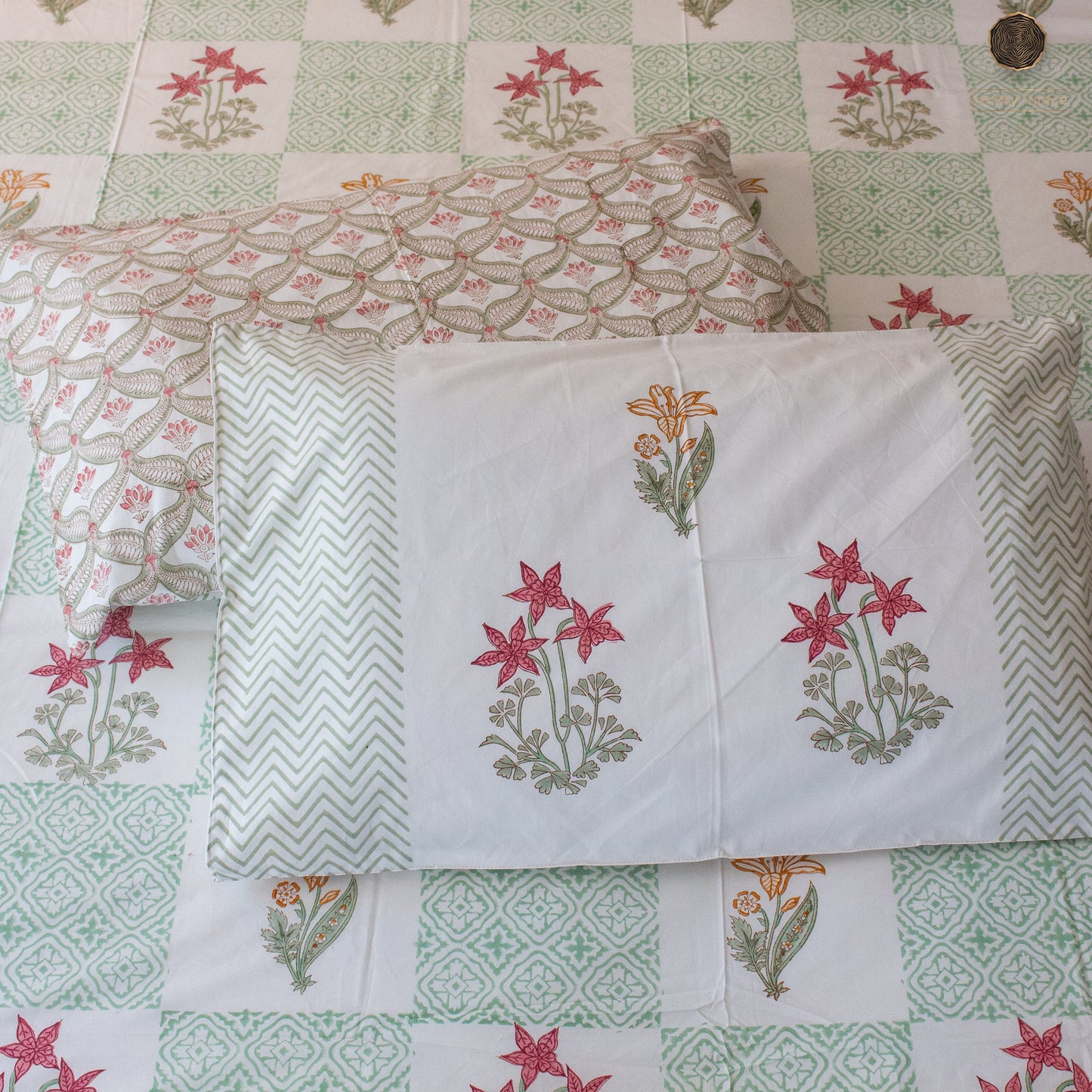 Eden Gardenia Hand Block Printed Cotton King Size Bedsheet Set