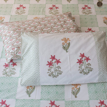 Eden Gardenia Hand Block Printed Cotton King Size Bedsheet Set
