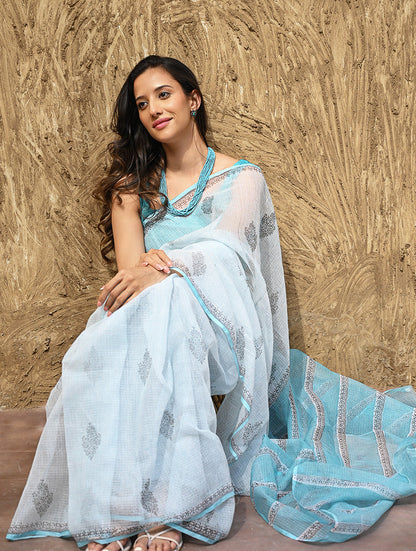 Sanganer Summers : Hand Block Printed Kota Doria Saree - Neel Dhawal