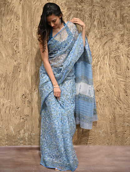Sanganer Summers : Hand Block Printed Kota Doria Saree - Bel Jarokha