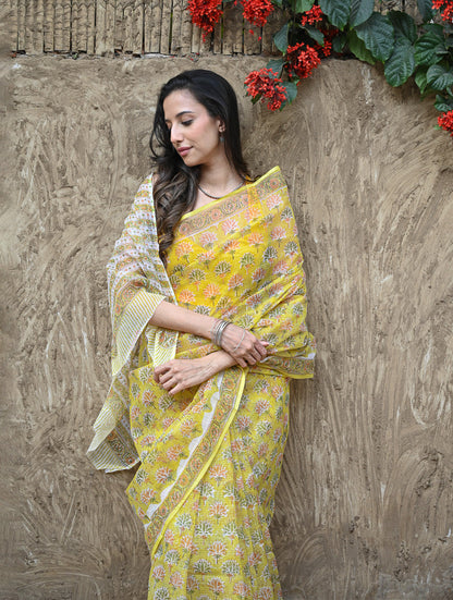 Sanganer Summers : Hand Block Printed Kota Doria Saree - Basant Phoolvan