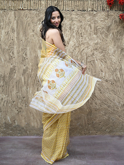 Sanganer Summers : Hand Block Printed Kota Doria Saree - Hald Butaangan