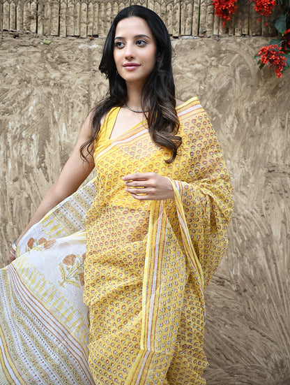 Sanganer Summers : Hand Block Printed Kota Doria Saree - Hald Butaangan