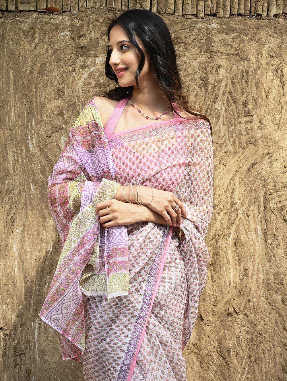 Sanganer Summers : Hand Block Printed Kota Doria Saree - Gulabi Jaal