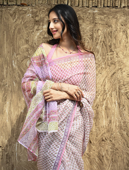 Sanganer Summers : Hand Block Printed Kota Doria Saree - Gulabi Jaal