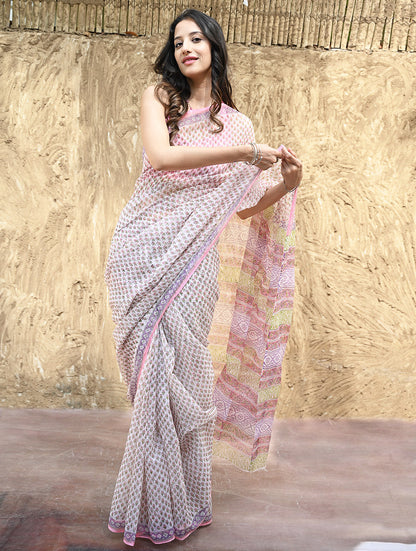 Sanganer Summers : Hand Block Printed Kota Doria Saree - Gulabi Jaal