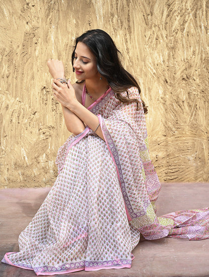 Sanganer Summers : Hand Block Printed Kota Doria Saree - Gulabi Jaal