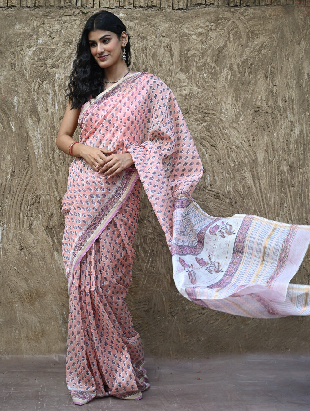 Sanganer Summers : Hand Block Printed Chanderi Saree - Gulabi Pushpa