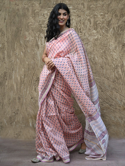 Sanganer Summers : Hand Block Printed Chanderi Saree - Gulabi Pushpa
