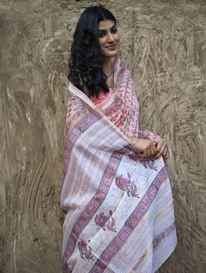 Sanganer Summers : Hand Block Printed Chanderi Saree - Gulabi Pushpa