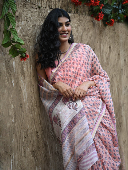 Sanganer Summers : Hand Block Printed Chanderi Saree - Gulabi Pushpa