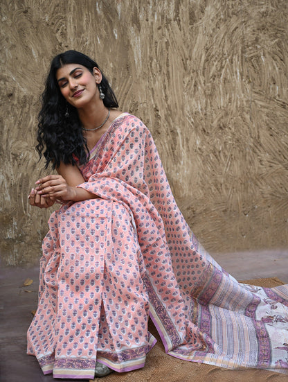 Sanganer Summers : Hand Block Printed Chanderi Saree - Gulabi Pushpa