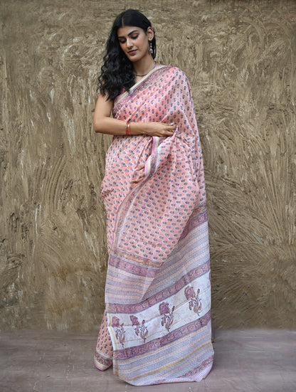 Sanganer Summers : Hand Block Printed Chanderi Saree - Gulabi Pushpa