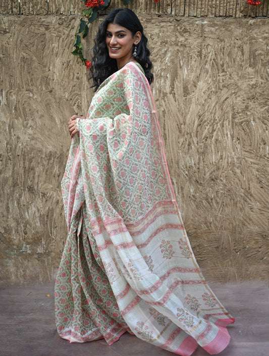 Sanganer Summers : Hand Block Printed Chanderi Saree - Pankhudi