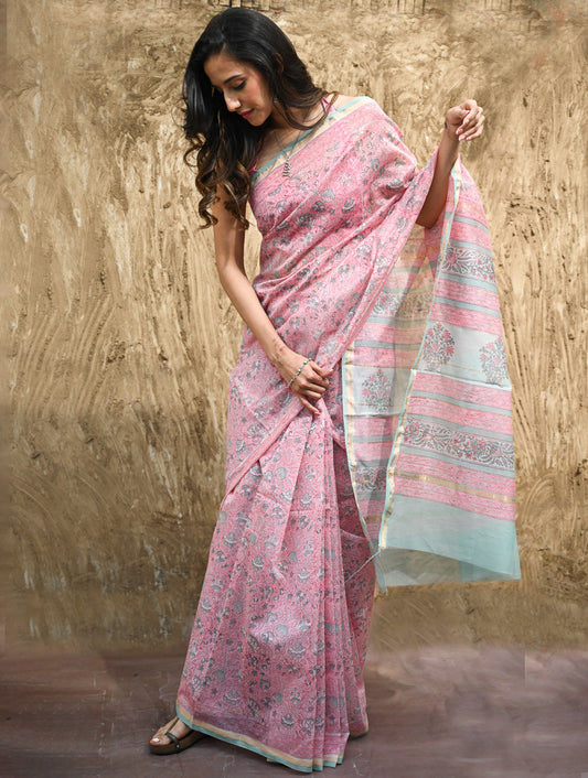 Sanganer Summers : Hand Block Printed Chanderi Saree - Gulabi Belvat