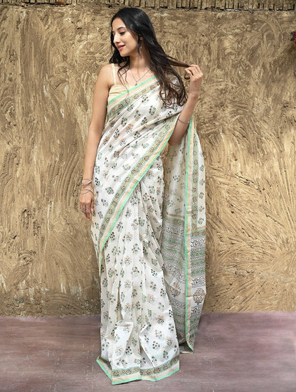 Sanganer Summers : Hand Block Printed Chanderi Saree - Ivory Blooms