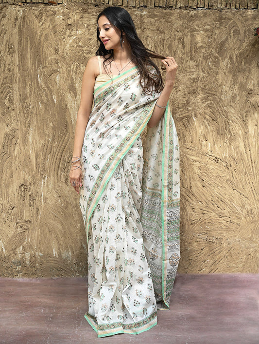 Sanganer Summers : Hand Block Printed Chanderi Saree - Ivory Blooms