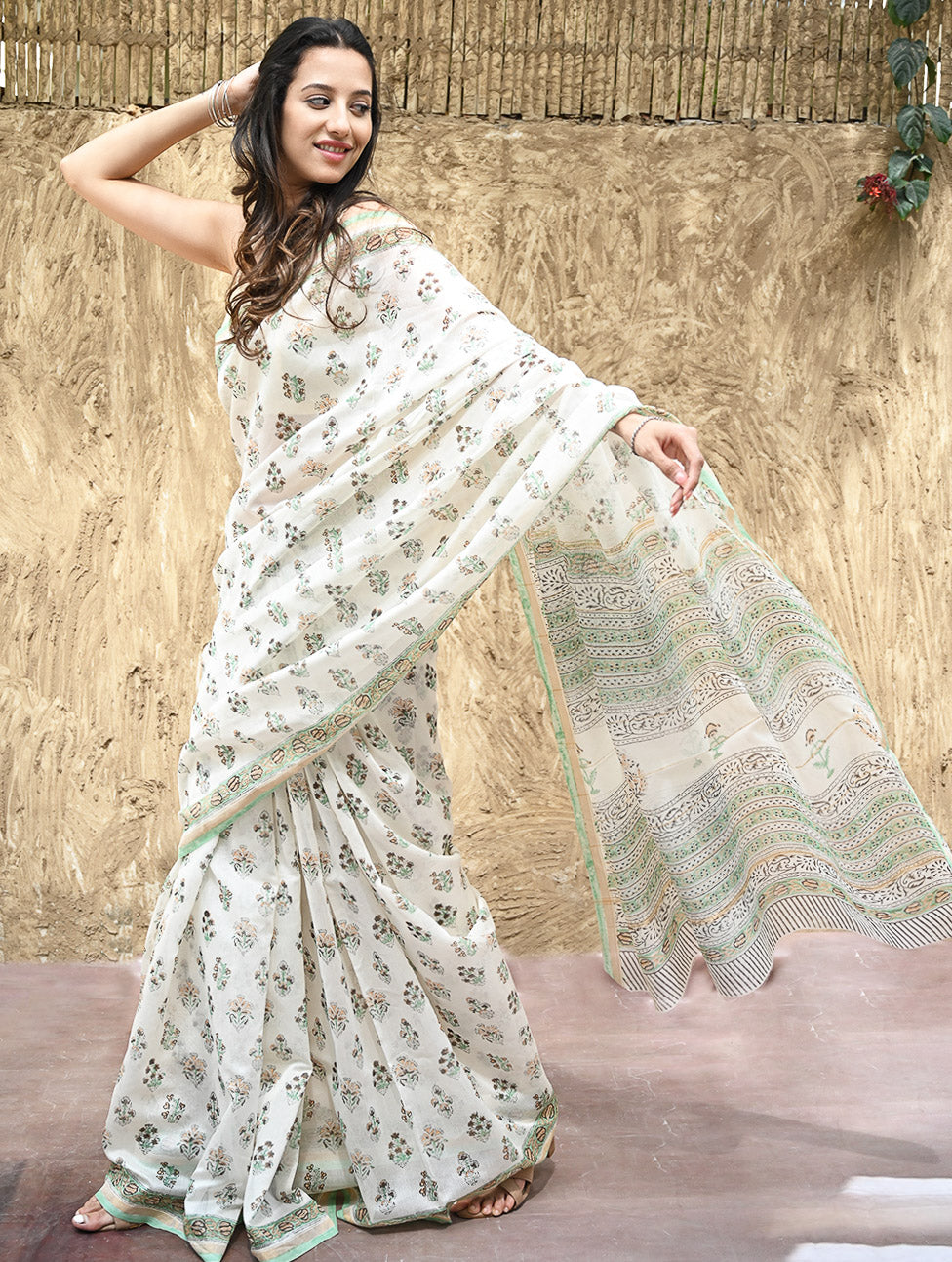 Sanganer Summers : Hand Block Printed Chanderi Saree - Ivory Blooms