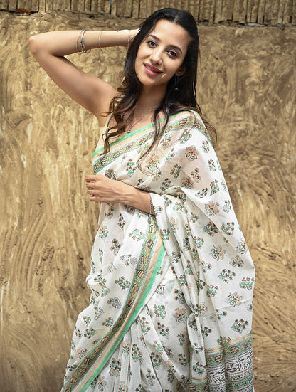 Sanganer Summers : Hand Block Printed Chanderi Saree - Ivory Blooms