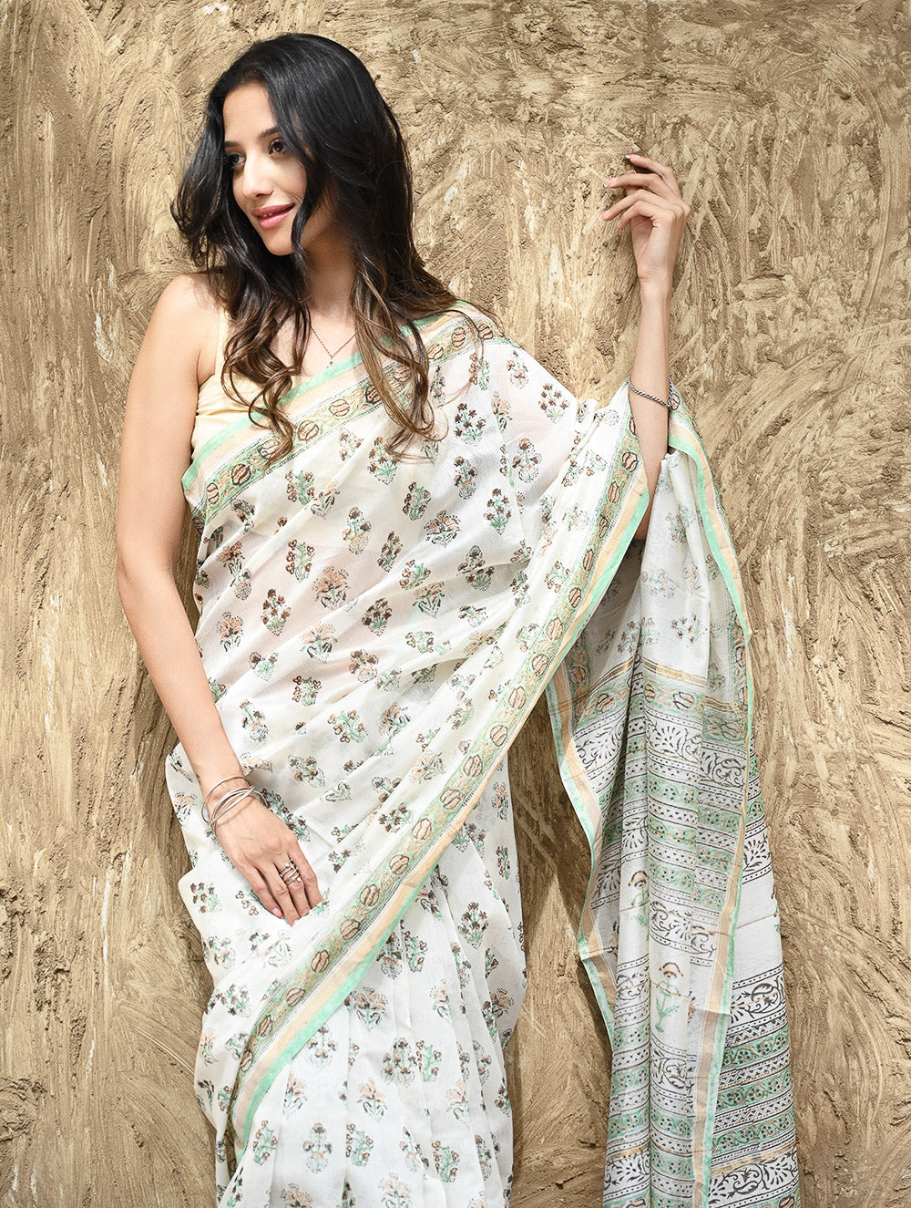 Sanganer Summers : Hand Block Printed Chanderi Saree - Ivory Blooms