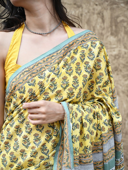 Sanganer Summers : Hand Block Printed Mul Cotton Saree - Aayo Basant