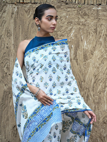 Sanganer Summers : Hand Block Printed Mul Cotton Saree - Champa aur Buta