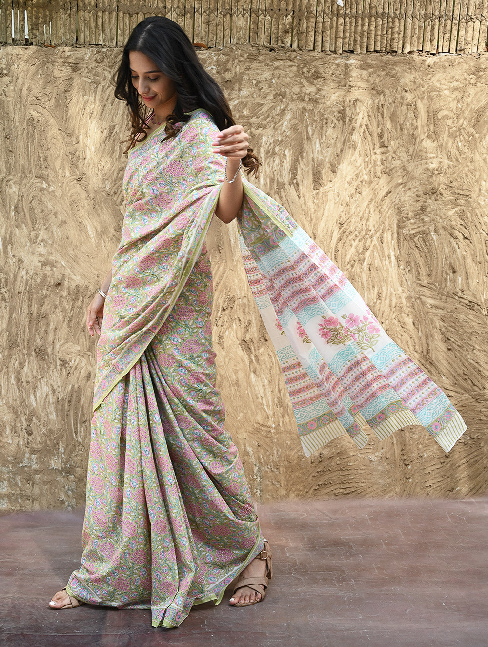 Sanganer Summers : Hand Block Printed Cotton Saree - Sweet Alyssum