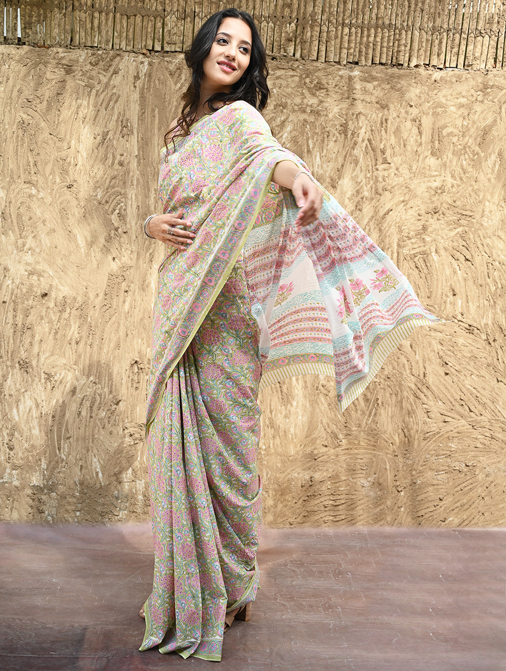 Sanganer Summers : Hand Block Printed Cotton Saree - Sweet Alyssum