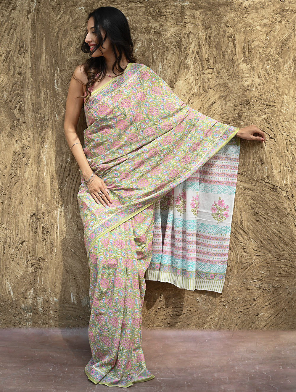 Sanganer Summers : Hand Block Printed Cotton Saree - Sweet Alyssum