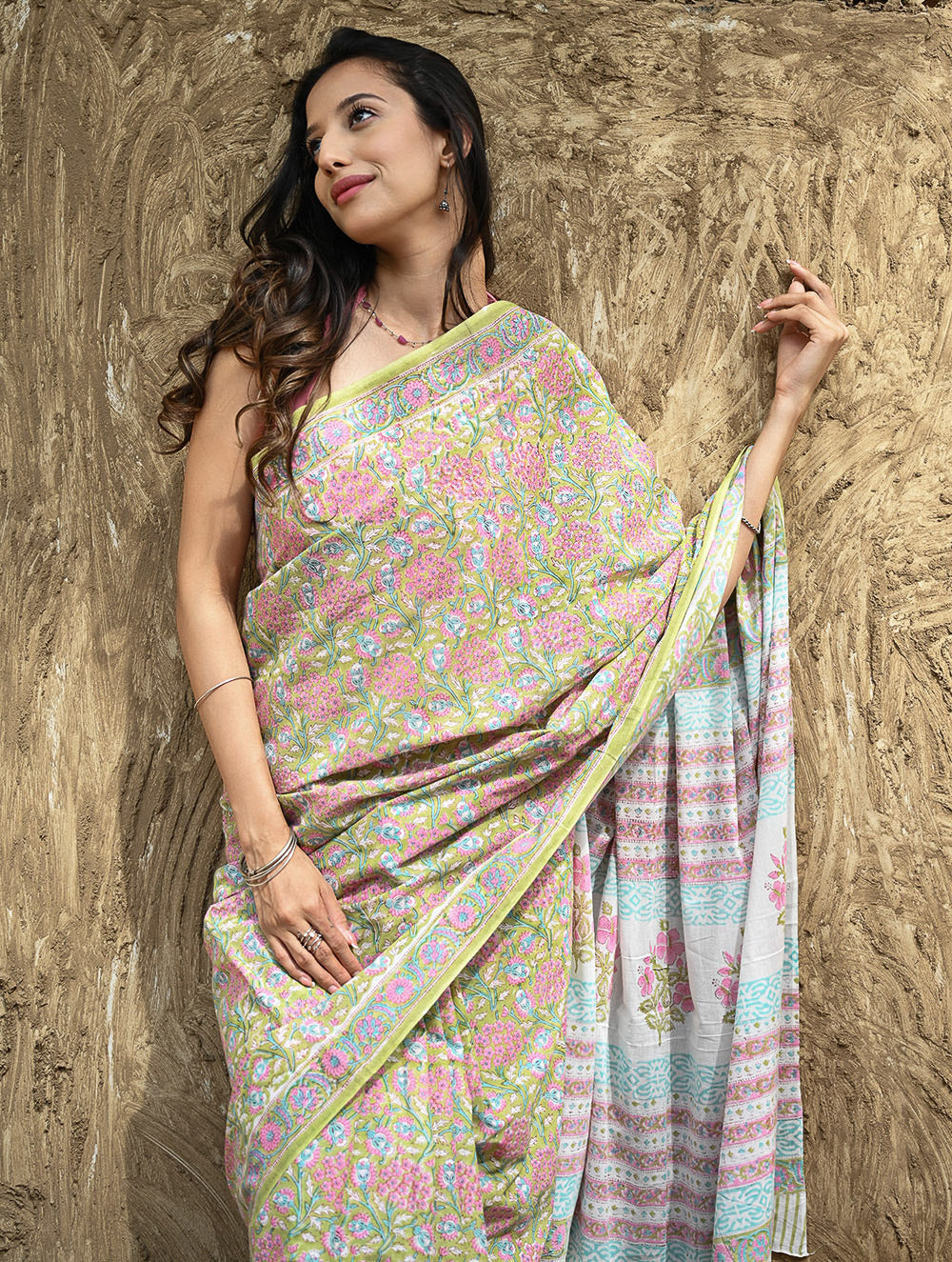 Sanganer Summers : Hand Block Printed Cotton Saree - Sweet Alyssum